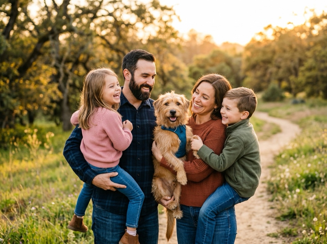 A family hugging their newly adopted dog